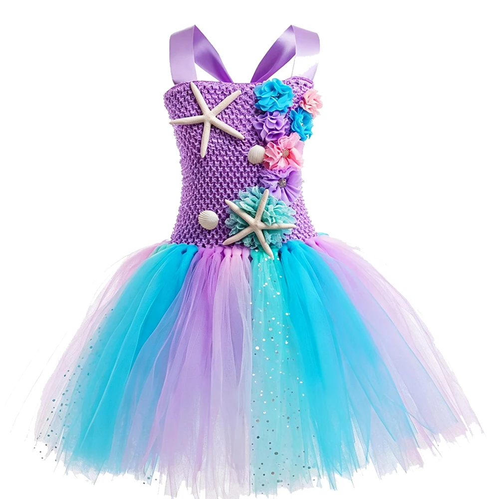 Mermaid Costume Girl Summer Purple Sleeveless Gown Princess tutu Dress with Pearl Crown for Kids Stage Party Performance