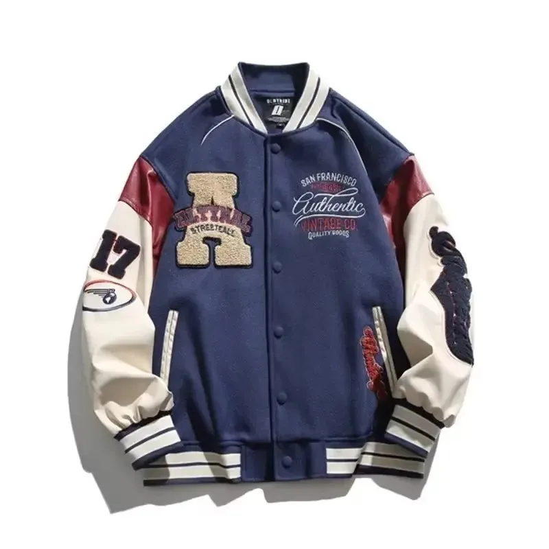 النمط الأمريكي خمر زي بيسبول سترة مطرزة للرجال النساء الشارع الشهير زوجين طالب اللون حجب سترة عصرية #3