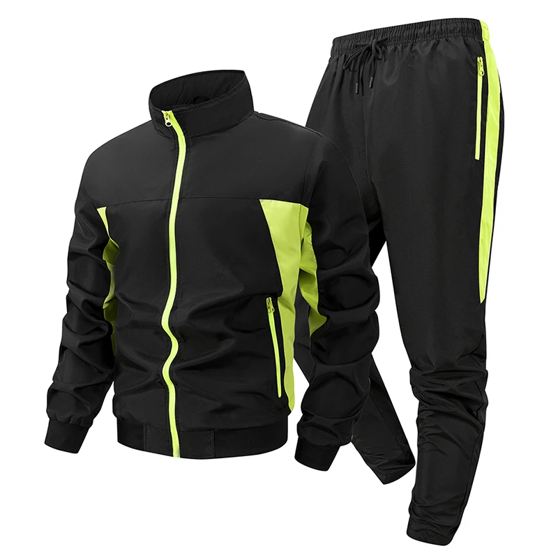 

Men's Colorblock Patchwork Sports Set Windproof Stand Collar Jacket Zip Up Coat Outwear Tops Pants Trousers with Zipper Pockets