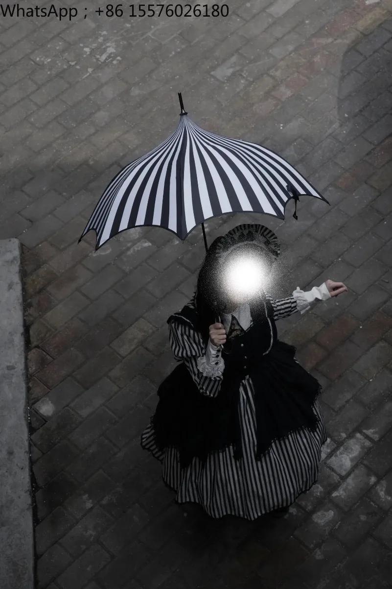 Gothic Striped Octagonal Dark Sunshade Pagoda Umbrella, Lo Umbrella, Dual-purpose Black Rubber SunshadeUmbrella for Sun and Rain