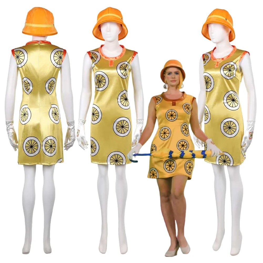 

Miss Valentine Costume Mikita Cosplay Lemon Print Dress Women Orange Hat Gloves Halloween Carnival Fancy Dress Disguise Outfit