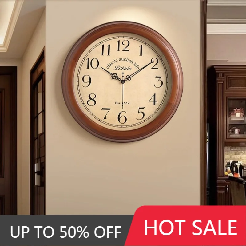 European Style Solid Wood Number Wall Clock Round Classic Silent Restaurant Clocks Vintage Clock Living Room Office Home Decor