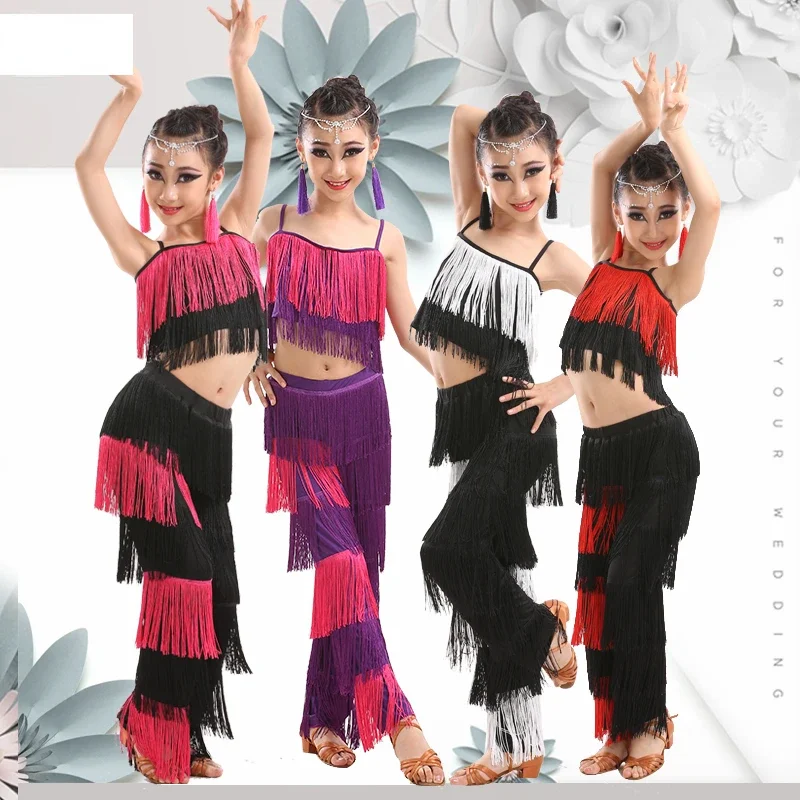 Abiti da ballo latino per ragazze Sala da ballo con frange Abito con nappe Top e pantaloni con frange di paillettes Salsa Samba Costume per bambini Ragazze