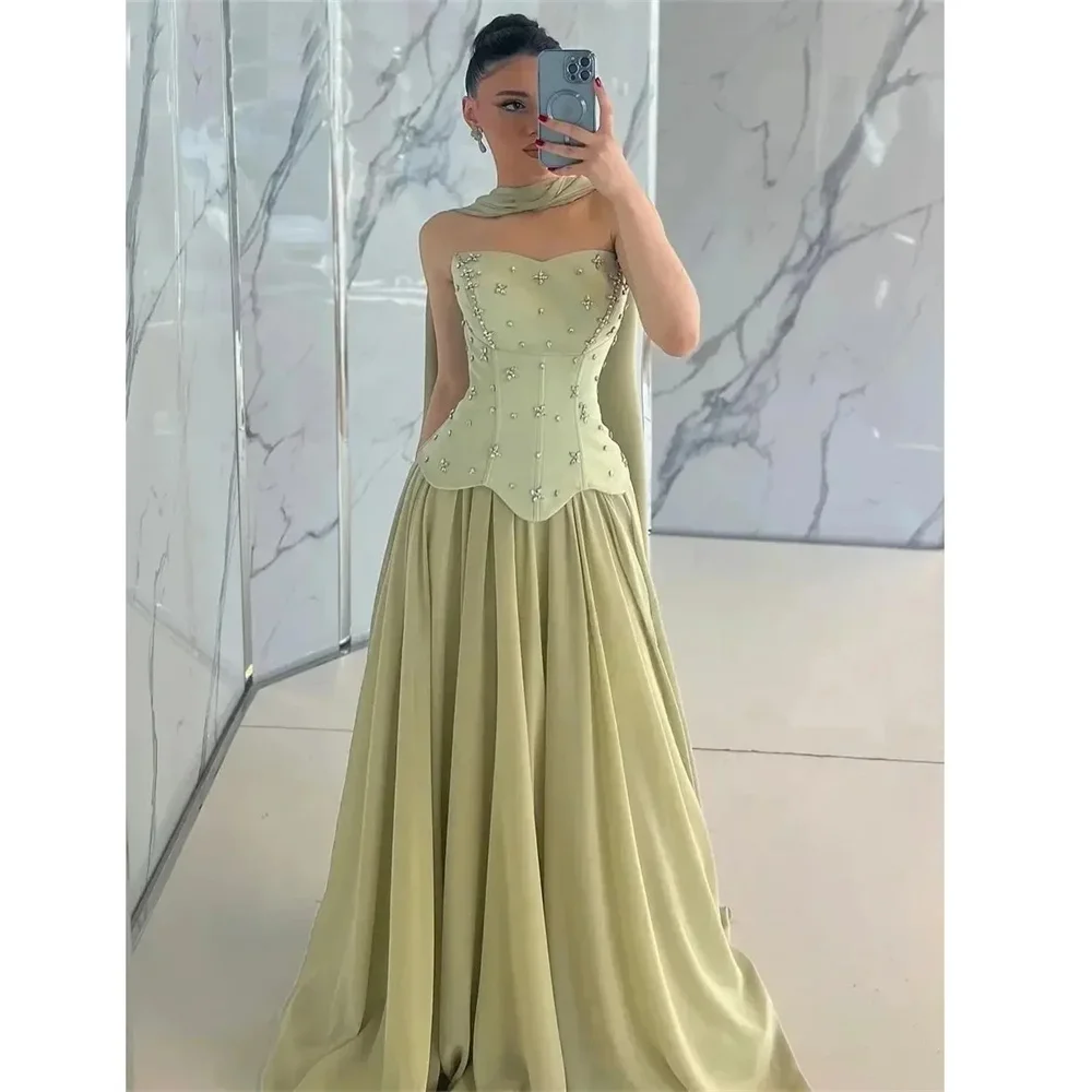 

Customized off-shoulder open-back waist-cinching floor-length gown with soft figure-flattering fabric, fully adjustable sizes an