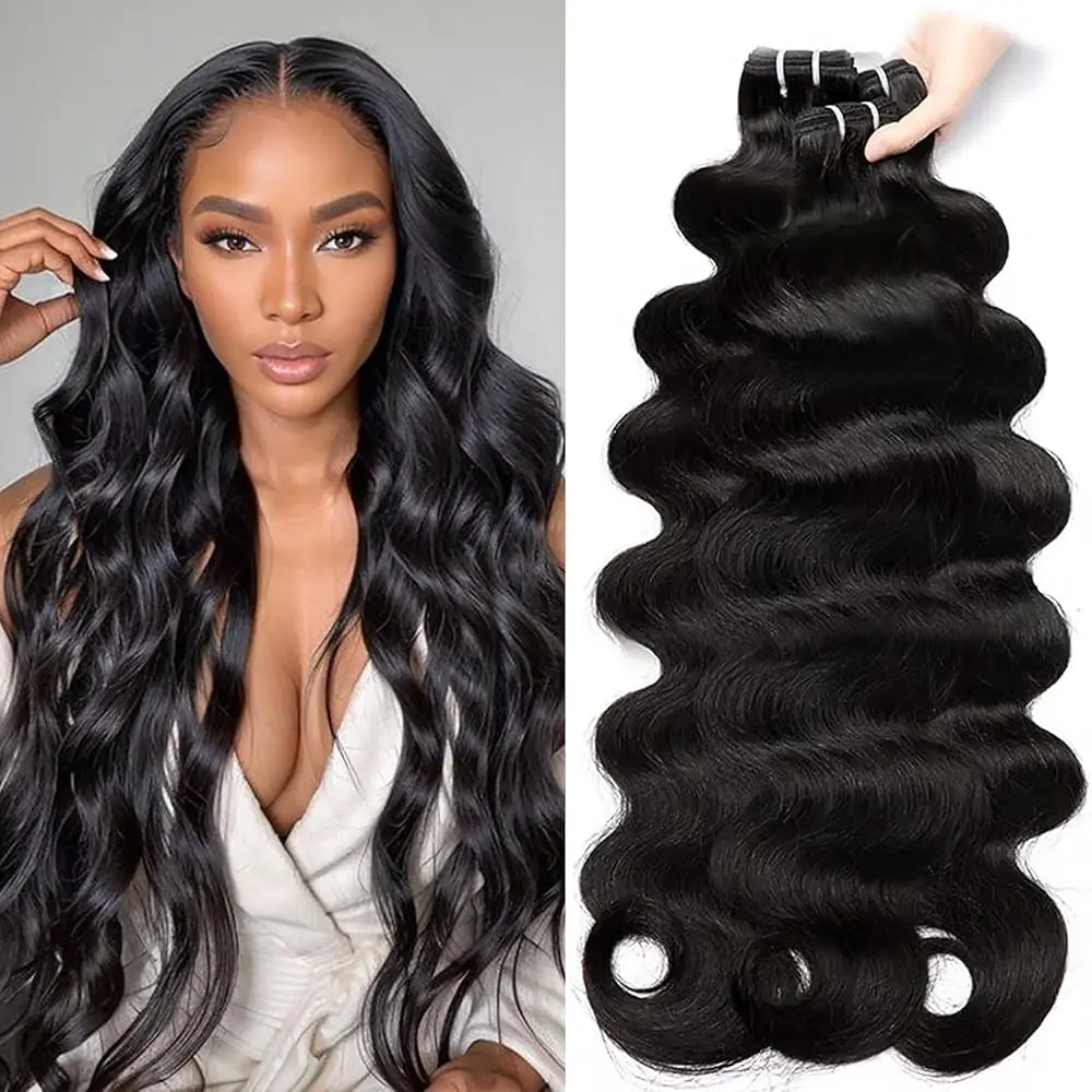 Onda do corpo feixes de cabelo humano 100% cabelo humano 20 20 20 Polegada onda de água brasileira feixes de cabelo cru 16a preto feminino e cabelo do bebê