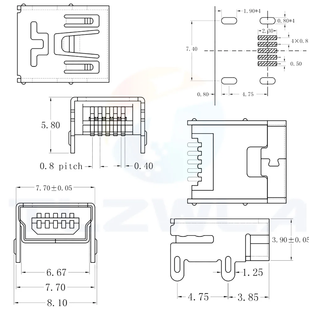 10PCS Mini USB Type B 5Pin Female Socket Right Angle Sinking plate DIP Jack Connector Plug-in