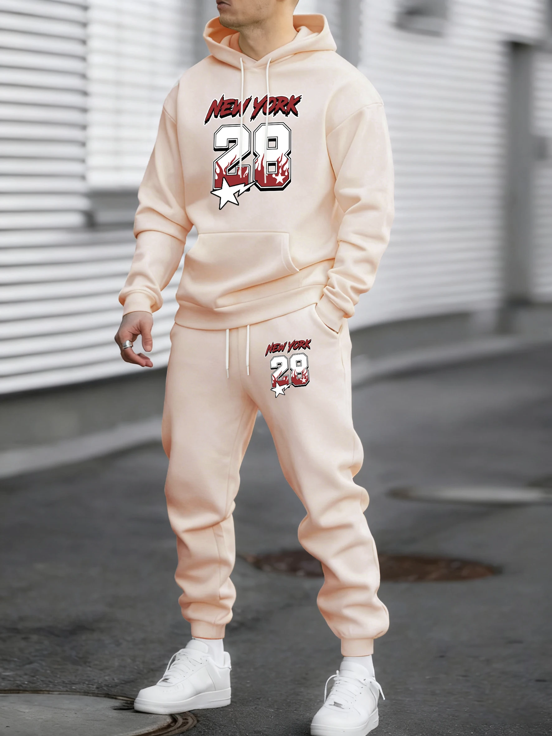 

New York 28 Printed Winter Fleece Commute Men Hoodies Pants 2 Piece Set Loose Jogging Sweatpant Basic All-Match Sportswears
