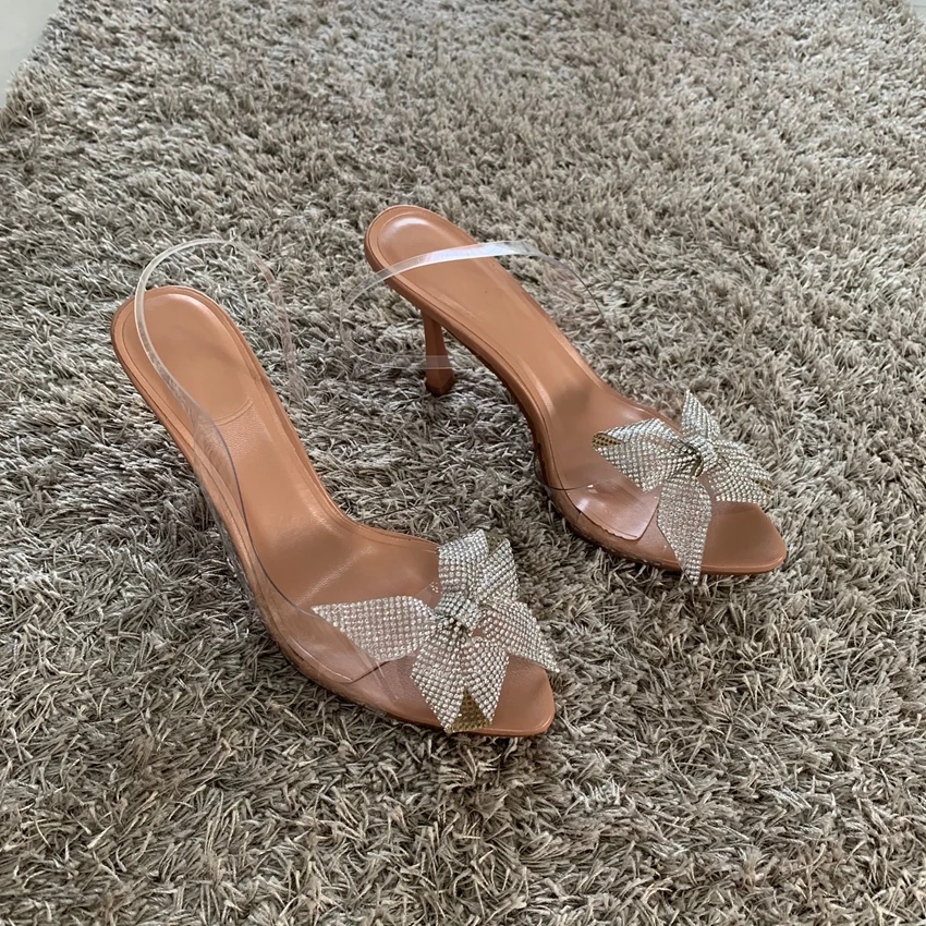 Sandalias con nudo de mariposa para mujer, zapatos de tacón alto con punta abierta, zapatillas de fiesta, verano, 2024