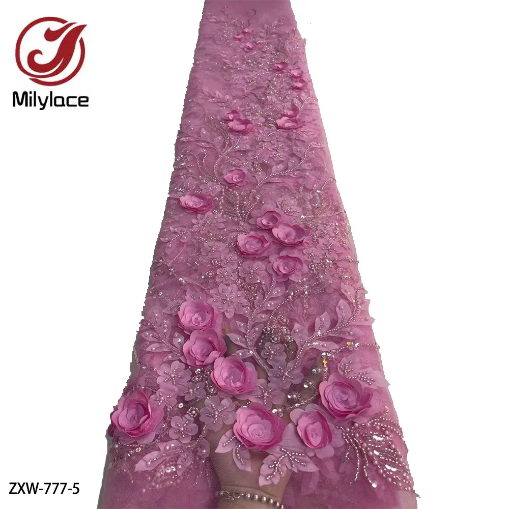 Imagem -02 - Elegante Tecido de Renda Frisada Moda Artesanal Contas Bordado Tecido de Renda Francesa para Vestidos de Casamento Zxw777