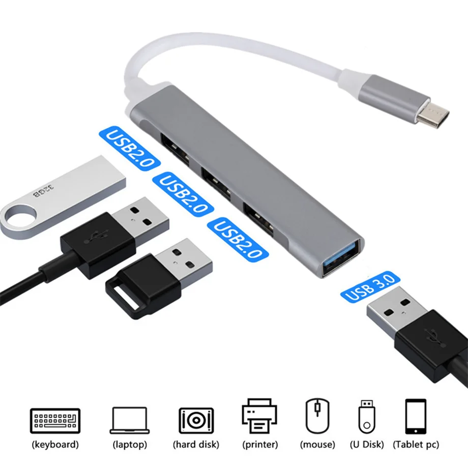4 منافذ USB 3.0 نوع C HUB المتوسع الفاصل المحور عالية السرعة OTG محول محطة الإرساء لأجهزة الكمبيوتر المحمول القرص الصلب لوحة مفاتيح وماوس