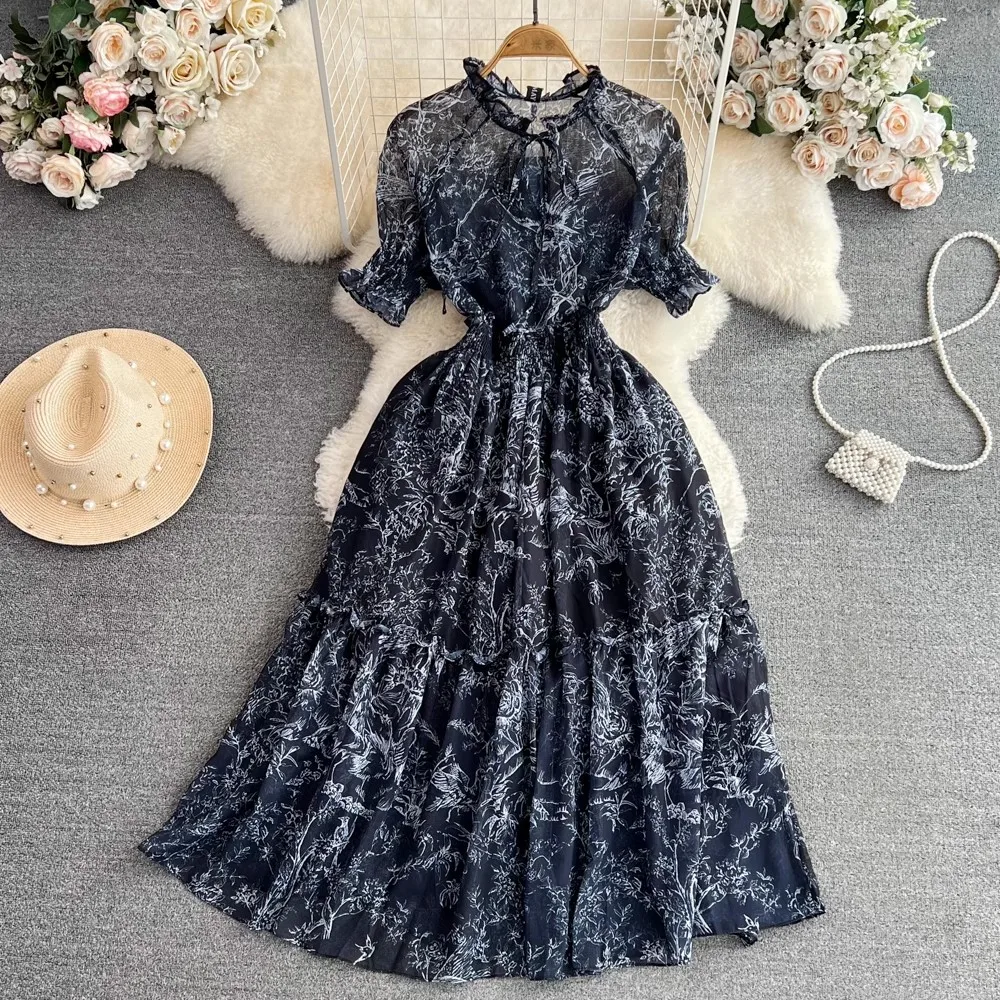

Elegant Women Lace Up V Neck Chiffon Midi Dress Retro Summer Flower Print Ruffles High Elastic Waist Short Sleeve Holiday Dress