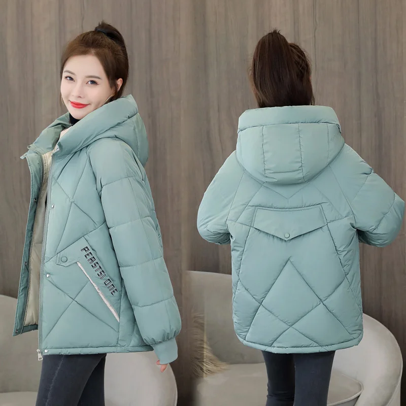 

Winter Women Parka Stand-collar Hooded Jacket Loose Warm Thicken Outerwear Down Cotton Casual Jacket Basic Coat JJ692