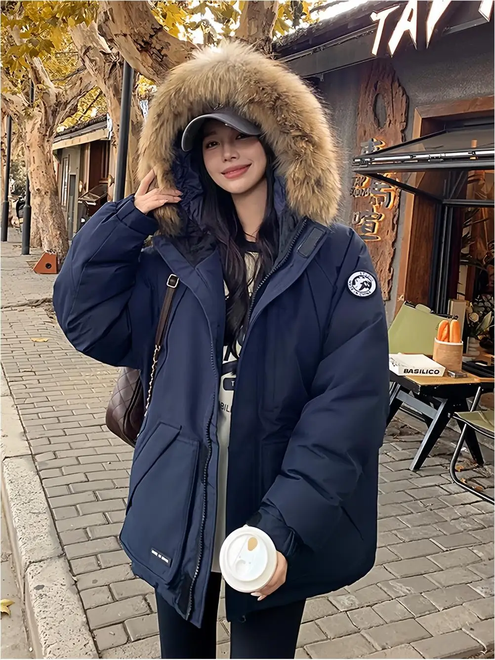 

Women's Winter Fashion Cotton Jacket Hooded American Style Parka Coat with Fur Collar Casual Workwear Medium Size Pure Color