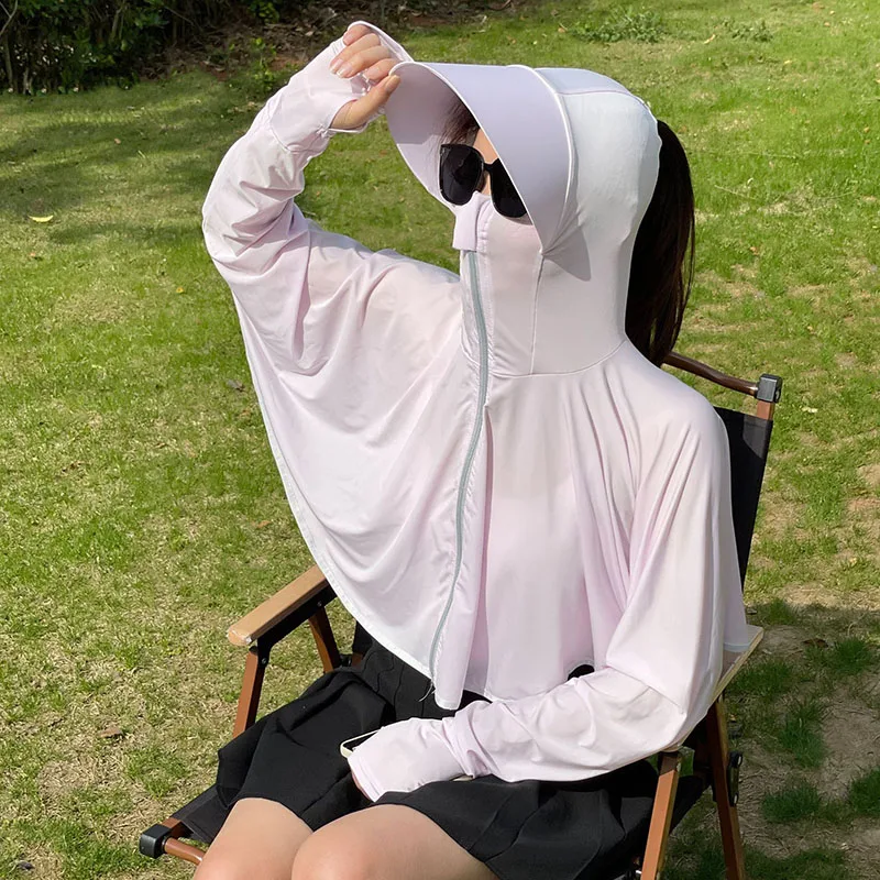 ملابس واقية من الشمس بغطاء للربط للنساء ، رقيقة سريعة الجفاف ، عباءة حرير ثلجي ، قبعة قميص واقي من الشمس ، معطف خارجي والأشعة تحت البنفسجية ، الصيف