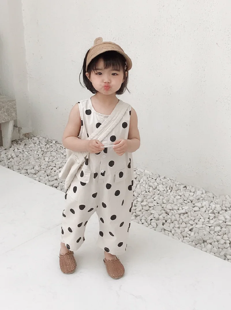 Summer Baby and Girls Cotton Dots Sleeveless Single-Breasted Bodysuits School Kids Lovely Jumpsuits Child Overalls Outfit 2-8Yrs