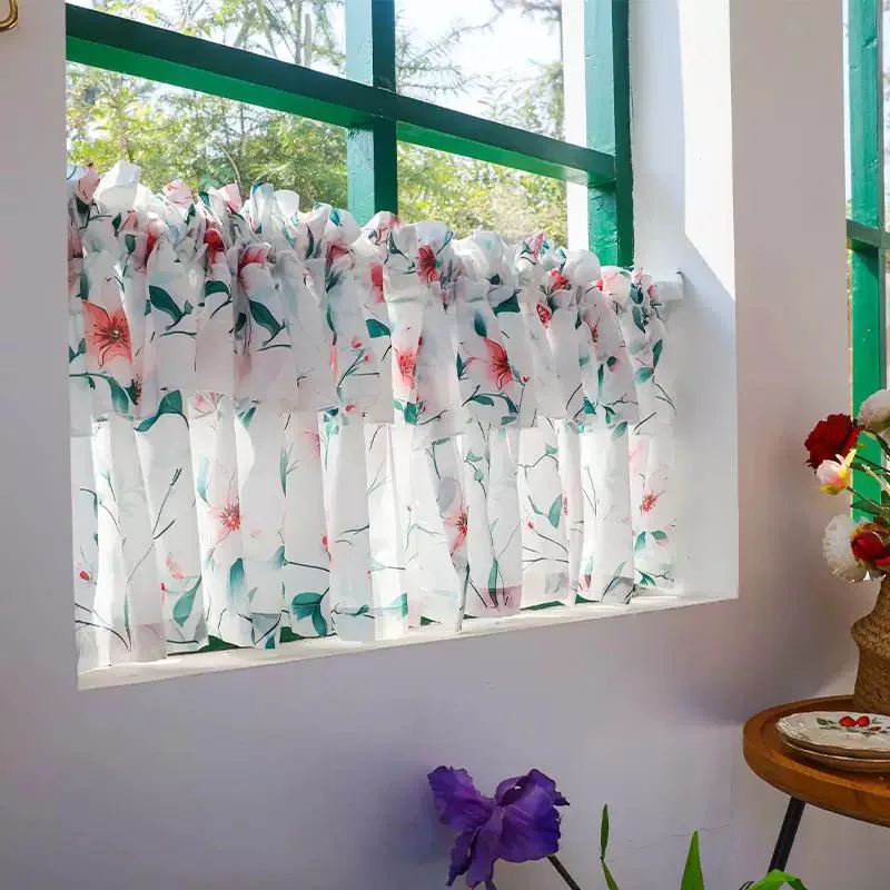 

Double Pleated Korea Style Flowers Short Curtains Pastoral Japan Style Floral Lace Yarn Half Curtains for Kitchen Valance #A601