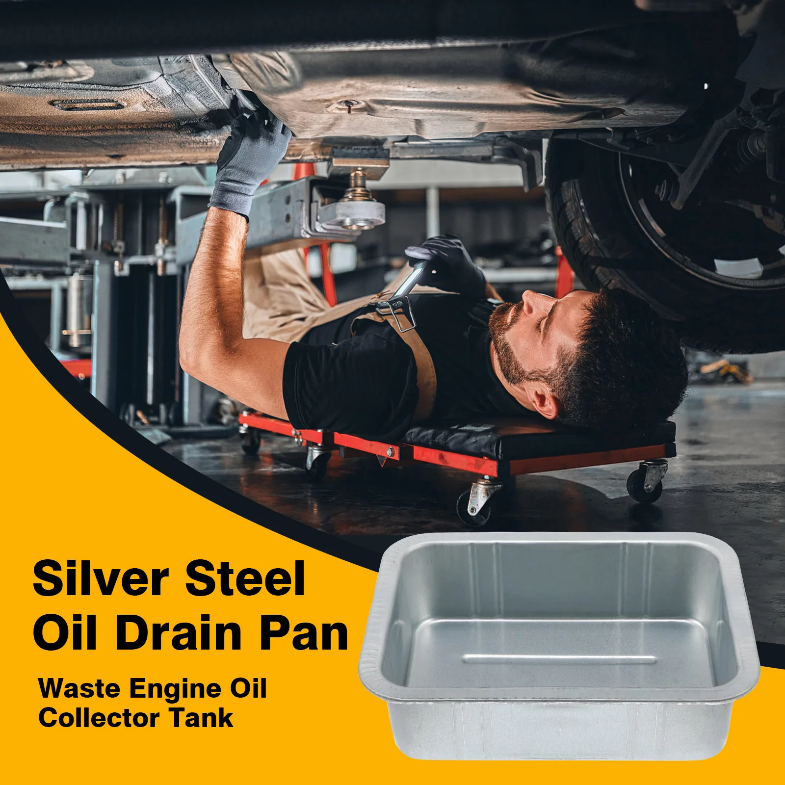 5L Steel Oil Drain Pan Heavy Duty Waste Engine Oil Collector with Crimped Lip Fluid Drip Tray for Garage Car Repair Tool