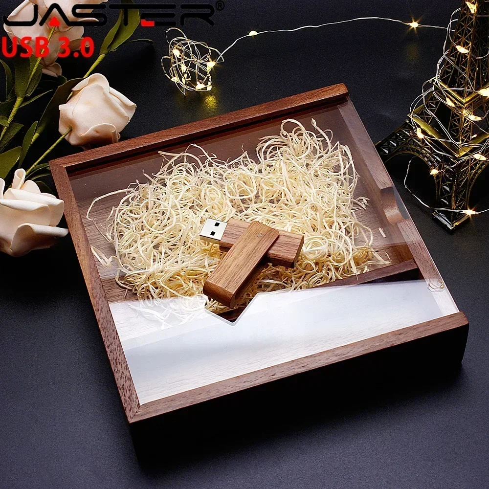 JASTER USB Flash Drive 3.0 Transparent Acrylic Lid Wooden Photo Album Pendrive 64GB 128GB 16GB 32GB 8GB 4GB U stick Wedding Gift