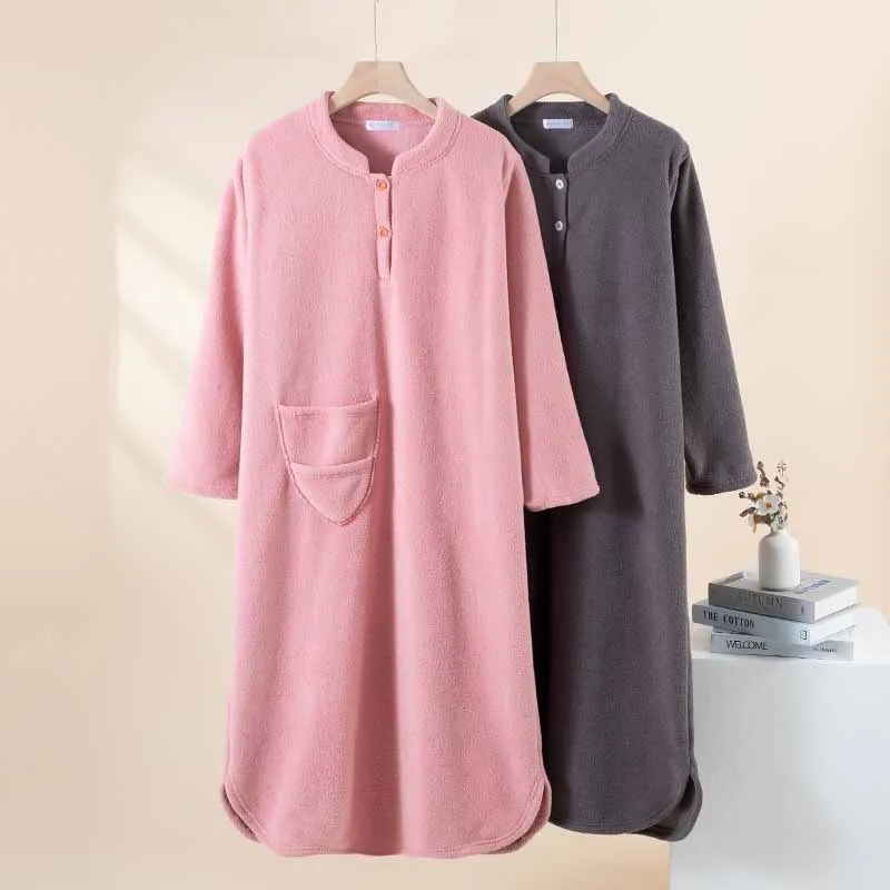 Autumn Winter Solid Color Long Bathrobe Robe Home Wear Thicken Warm Home Clothes Nightwear Men Women Soft Loungewear Sleepwear