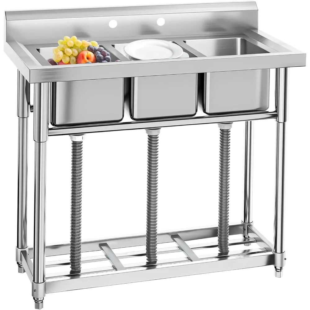 

Stainless Steel 3-Compartment Utility Sink with Shelf, 38.9x17.7x37 Inches, Commercial Kitchen Sink
