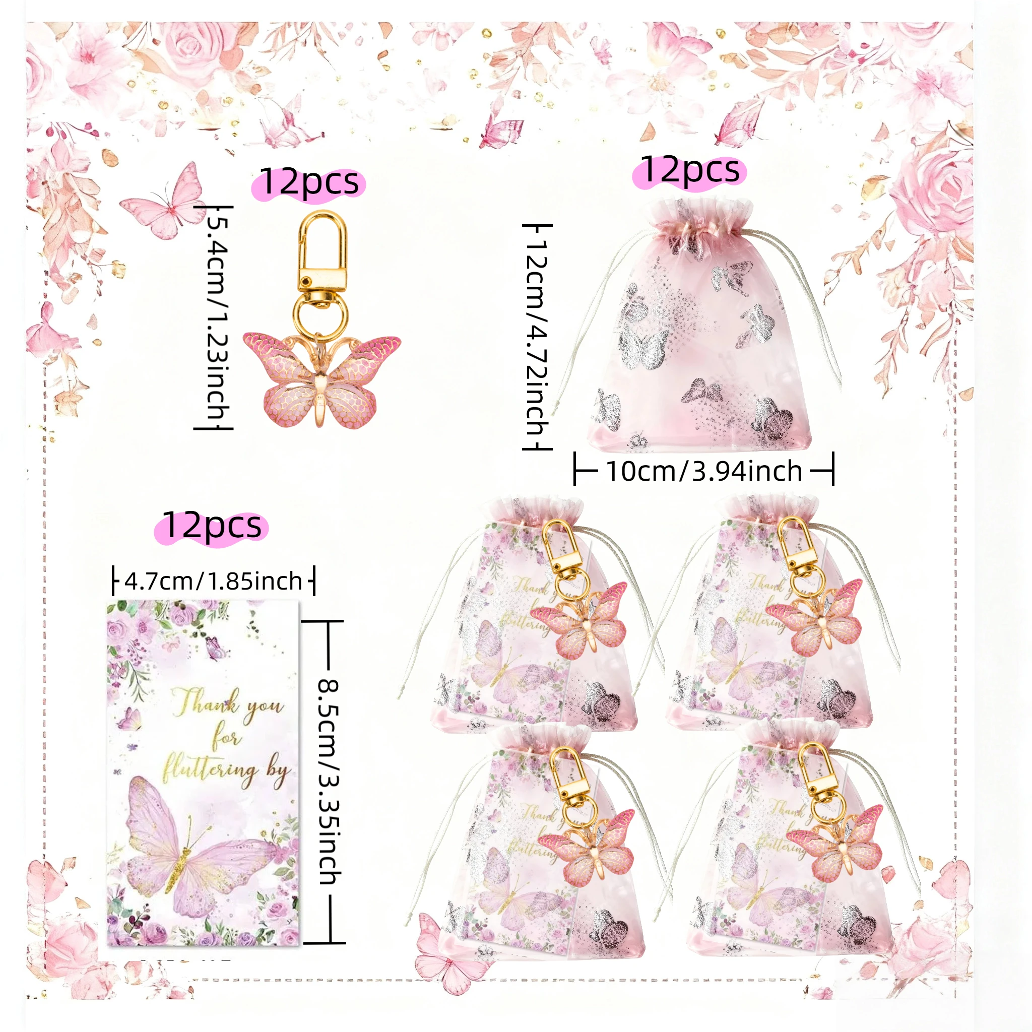 36 قطعة، مجموعة هدايا سلسلة مفاتيح على شكل فراشة، 12 قطعة من سلاسل المفاتيح الوردية الأكريليك، 12 قطعة بطاقات بنية و12 قطعة من أكياس الأورجانزا برباط، الجنس