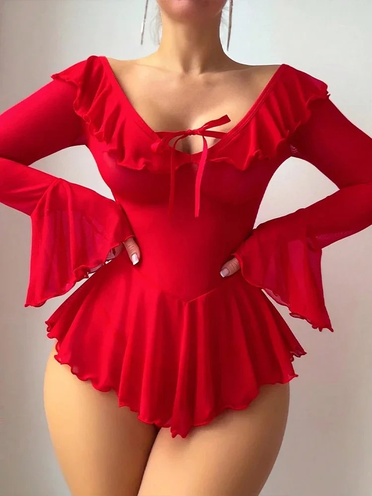 

Sexy Hot Lingerie Women Flare Sleeve Bodysuit Ruffled Sleepwear Erotic Babydoll Underwear Exotic Apparel See Through Dress