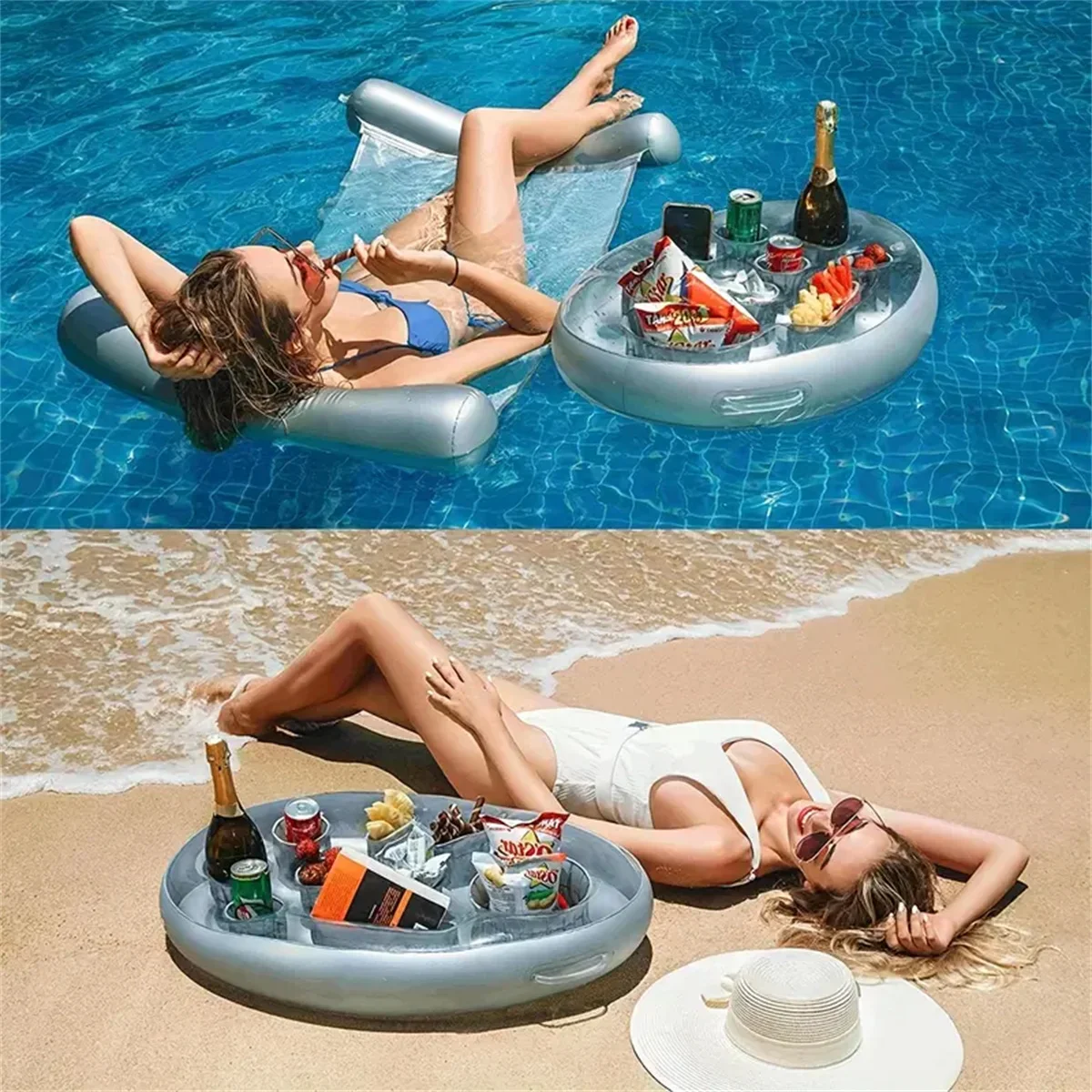 Aufblasbares schwimmendes Getränketablett – 8 Getränkehalter + Eisfach für Pool/Strand – für Getränke/Bier/Obst