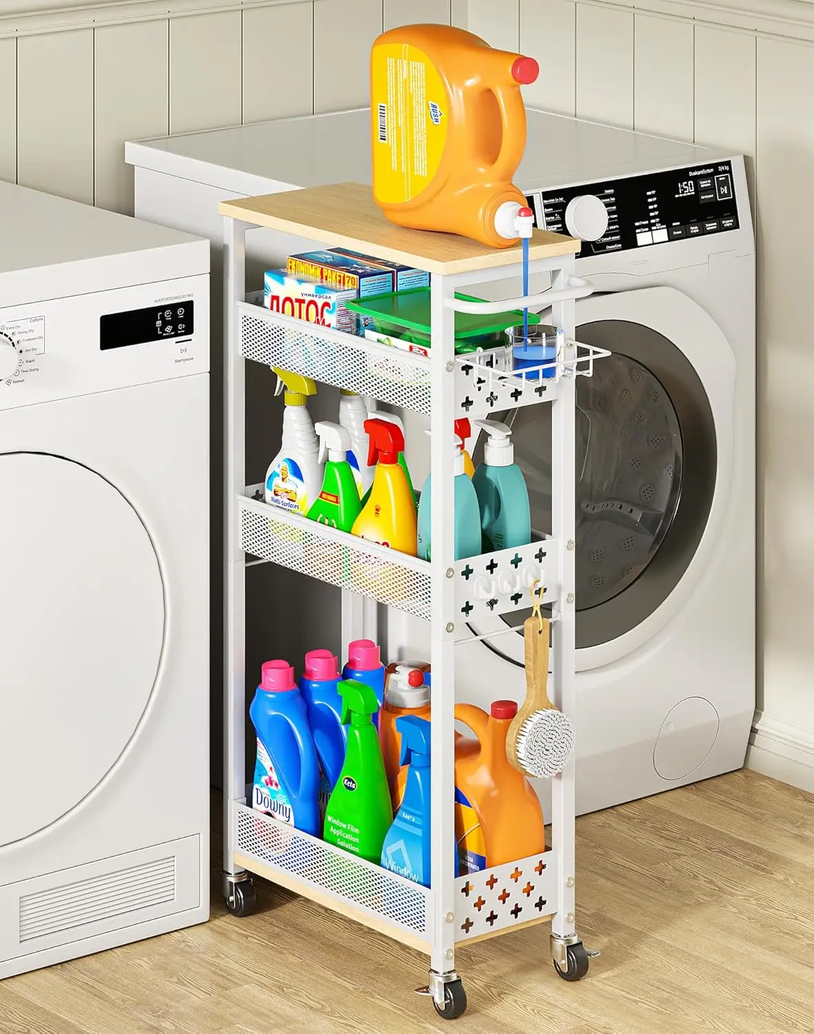 

4-уровневая тонкая тележка на колесиках с деревянной столешницей, мобильная полка для хранения для организации ванной комнаты, кухни, прачечной