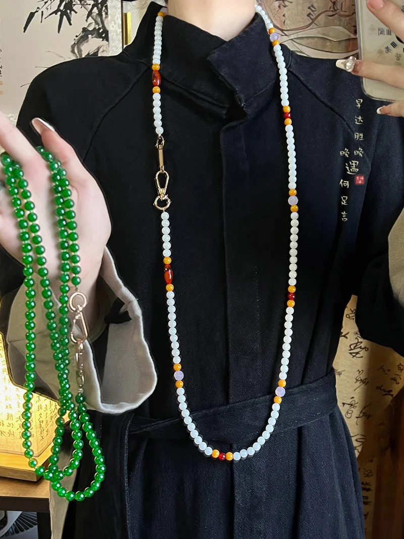 Ajojewel Women's Green Glass Beads Necklace Long Chinese Style Retro Crossbody Cell Phone Chain Wonderful Gifts