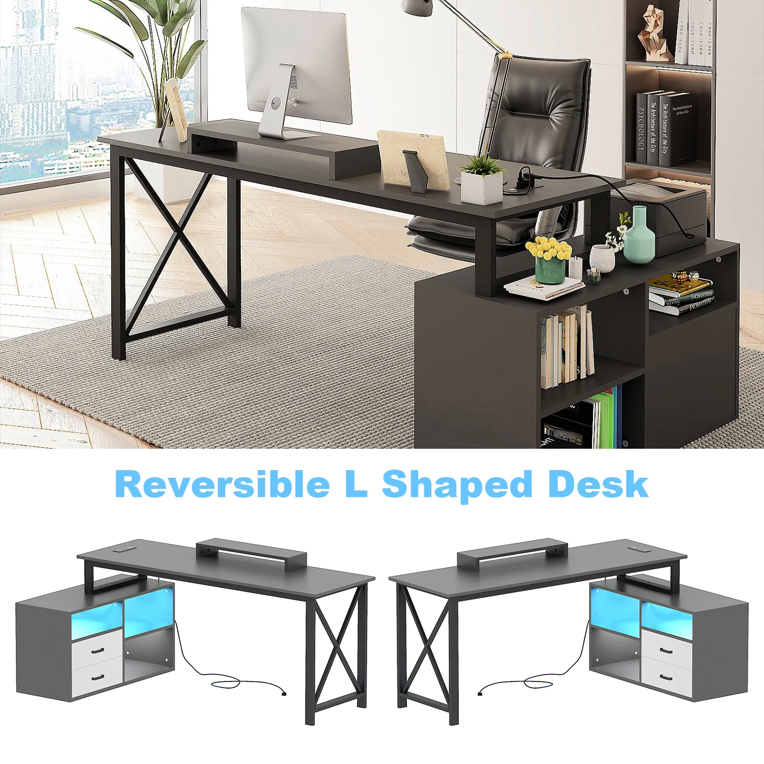 L Shaped Desk with Storage, Home Office Desk with LED Lights and Power Outlet, Computer Desk with Monitor Stand