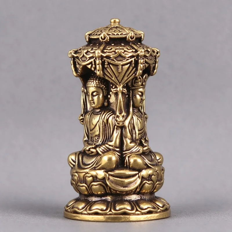 Antique Brass Three Sides Buddha Figurine Retro Buddhist Statue Desktop Ornament Vintage Craft Collectible Table Decor Gift