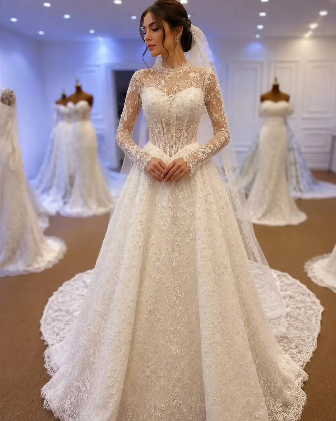 Custom Made Romantic Sheer Lace Long Sleeve Wedding Gown | High Neck Princess Ball Gown with Buttons Back Amanda Novias Official