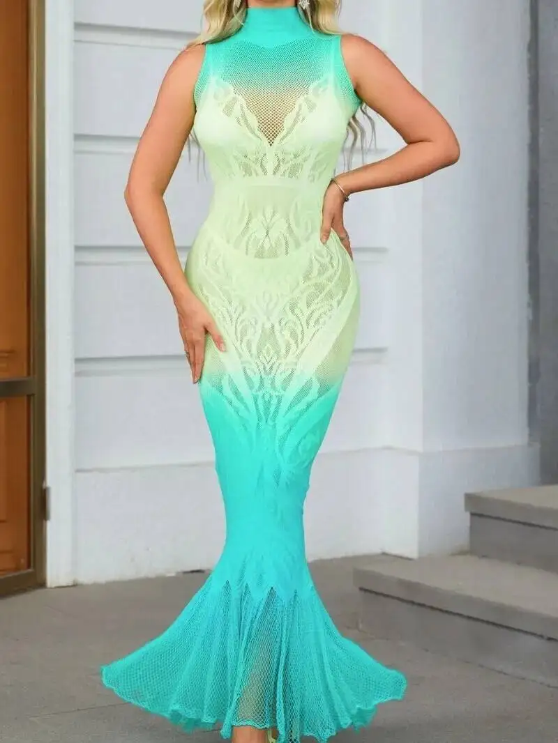 Sleeveless Mesh Dress Lace Pattern Sheer High Neck Bodycon Gown With Fringed Hem Chic Summer Party For Women Vacation Dress ID6N