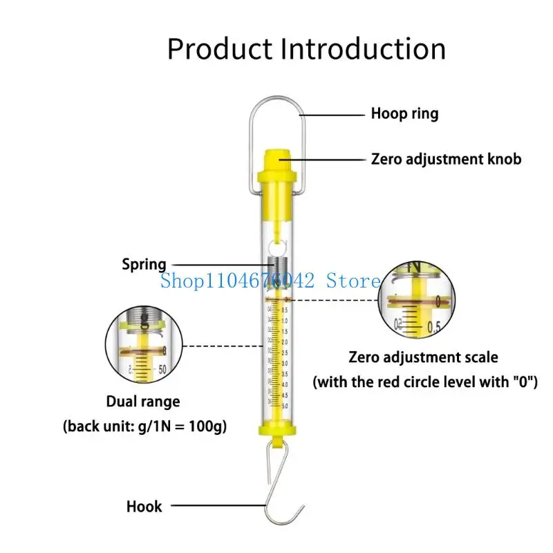 652F Yellow Metal Plastic Cylinder Dynamometer Spring Scale for School Laboratory