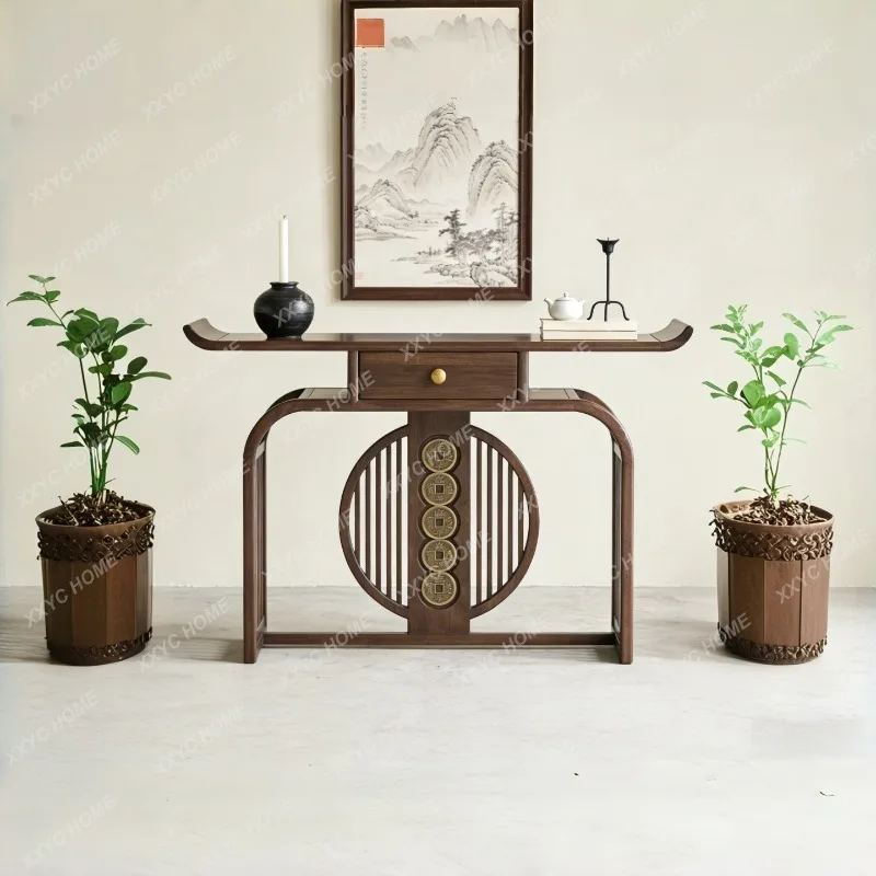New chinoiserie black gold wooden table solid wood five emperors money console table living room artistic storage table