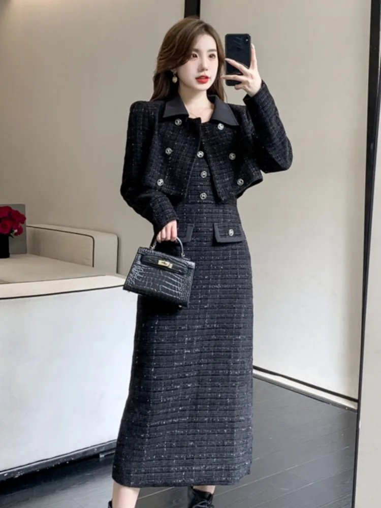 Elegante abito in tweed a 2 pezzi Set per donna Cappotto corto A-Line Midi Abiti a canotta Slim Moda coreana Abito femminile Autunno Inverno