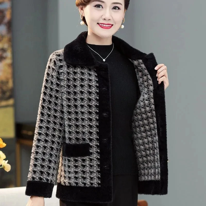 High-end Middle Aged Elderly Mother Faux Mink Jacket Autumn Winter Thick Short Wool Cardigan Women Knitted Sweater Cashmere Coat