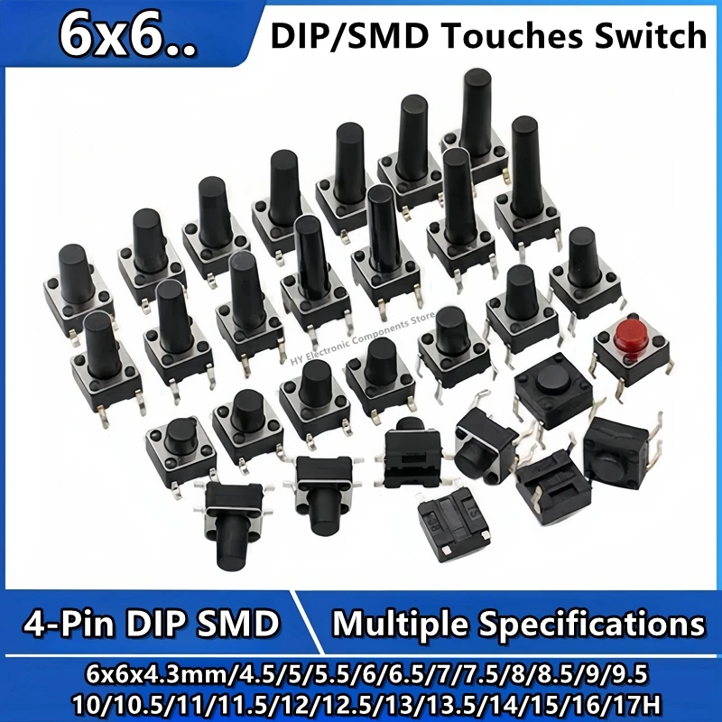 50/1Kpcs SMD DIP Switch 6*6*4.3mm 4.5/5/6/7/8/9/10/11/12/13/14/15/17 6X6 4Pin Tactile Tact Push Button Micro Switch Key switch