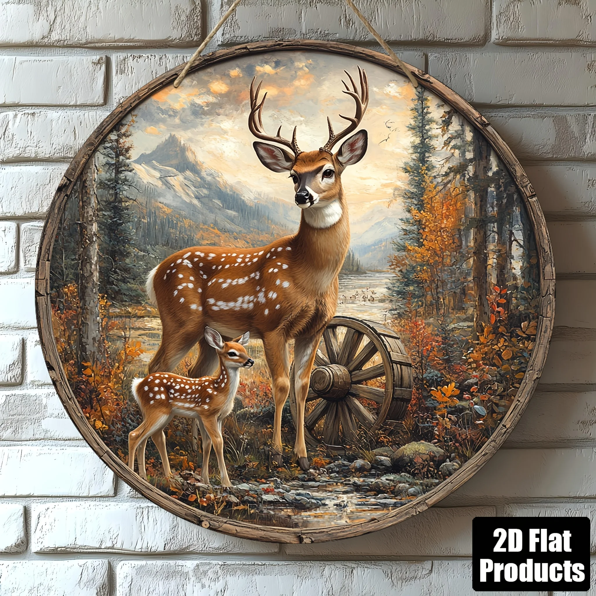 2D Flat, 1pc Rustic Deer & Forest Scene Round Wall Art - 8x8 Inch Vintage Wooden Decorative Sign with Pre-Drilled Holes, HD Prin