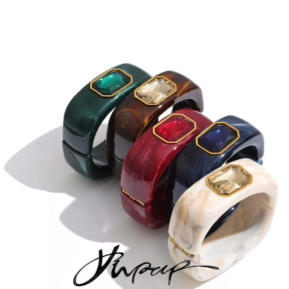 Yhpup 64mm Acrylic Resin Crystal Square Statement Bracelet Bangle Exclusive New Arrivals Popular Wrist Jewelry Accessories