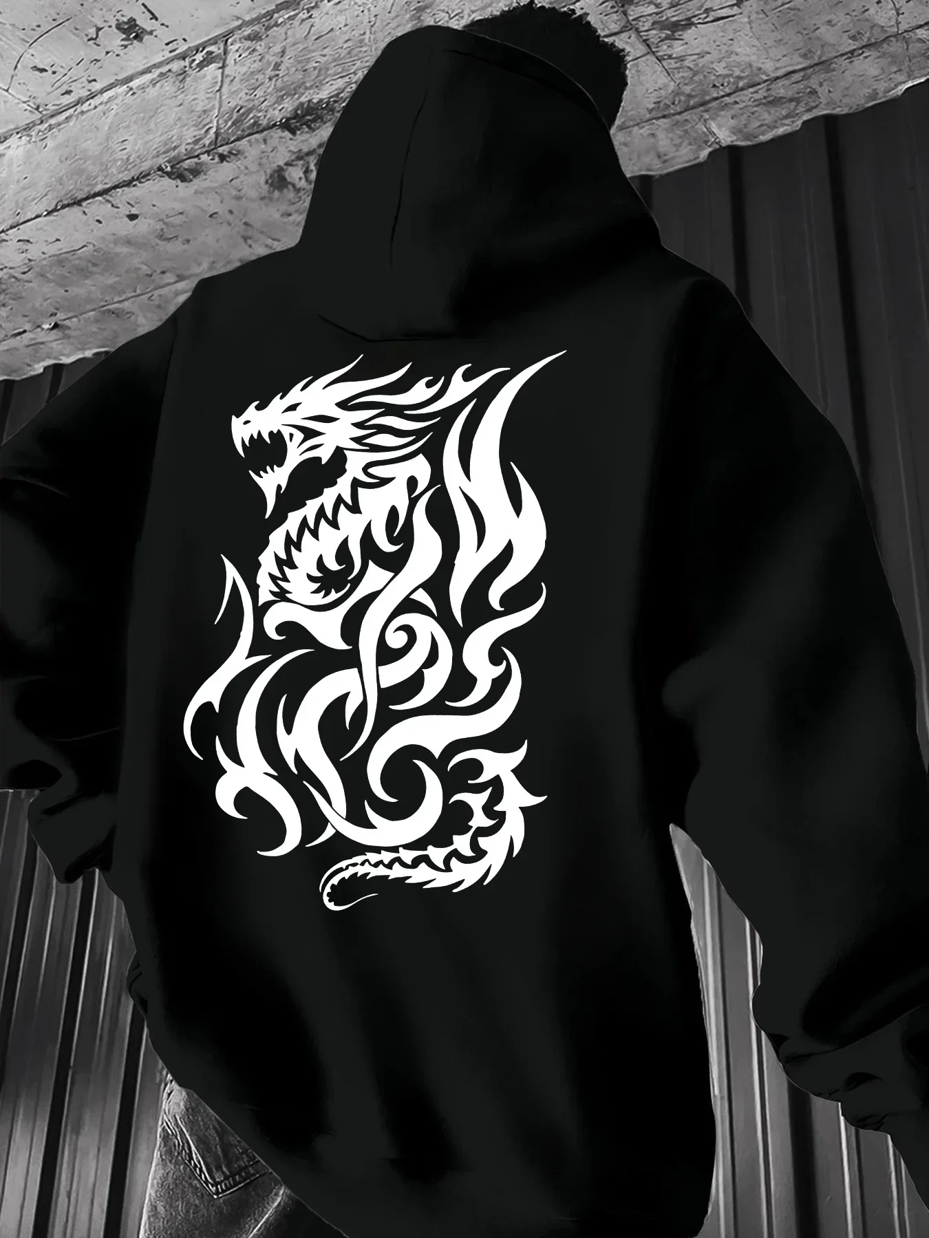 Korean Hot Tribal Dragon Graphic Hoodie Unisex White Mythical Beast Back Print Loose Hooded Pullover Dark Streetwear