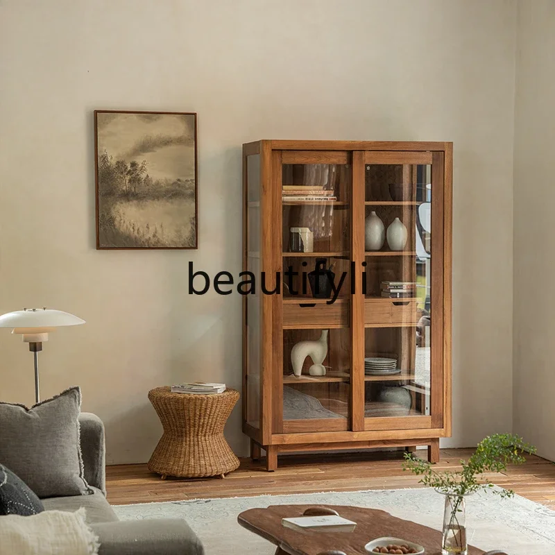 

Nordic retro wine cabinet medium antique bookcase all solid wood glass locker display cabinet