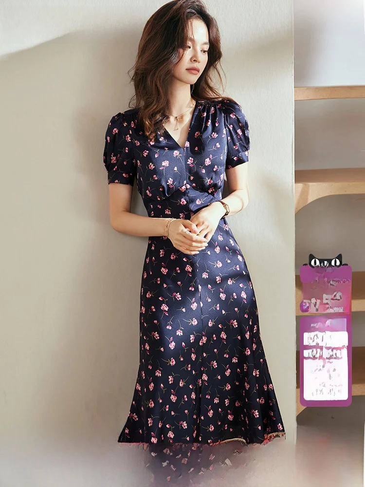 Roey S House صيف 2023 طباعة الأزهار سليم صالح الحرير الساتان ذيل دكتور المرأة تخفيف Ele ort Sve V Ne Dr