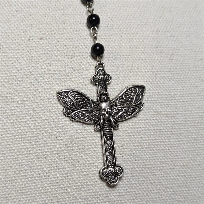 Death Moth with Cross Gothic Black Beaded Rosary Necklace Witch Pagan Jewelry Accessories Gift Dark Art Skull Moth Choker