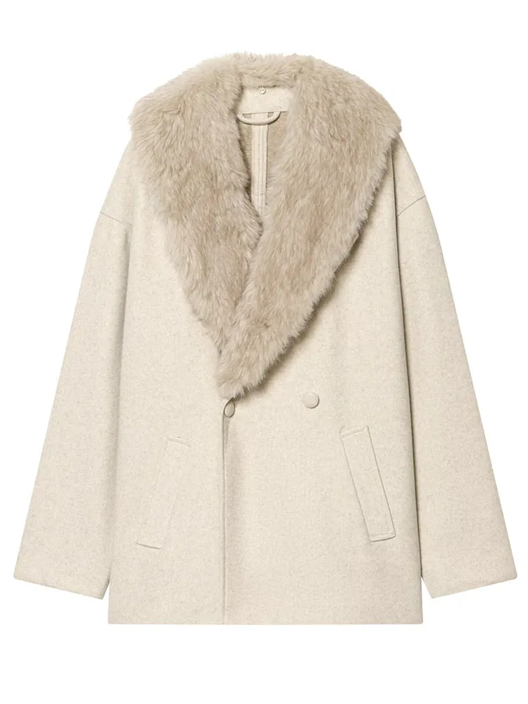 เสื้อโค้ทผู้หญิงแฟชั่นฤดูหนาว ผ้าเนื้อนุ่ม แต่งปกขนเฟอร์เทียม กระดุมสองแถว สไตล์หรูหราลำลอง สำหรับผู้หญิง