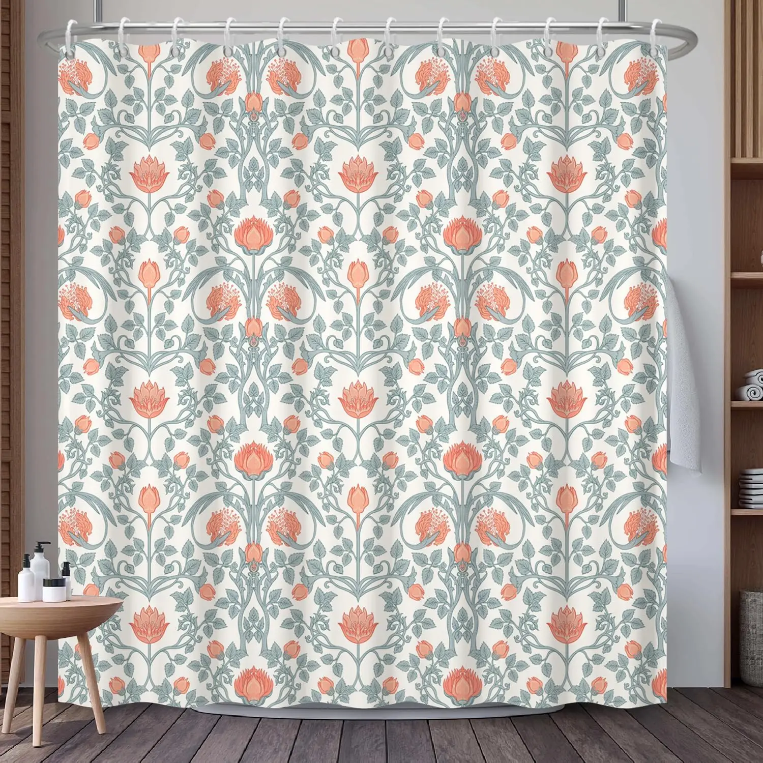 

180x180cm Vintage Floral Elegant Floral Pattern Shower Curtain with Orange Flowers and Green Leaves for Modern Bathroom Decor