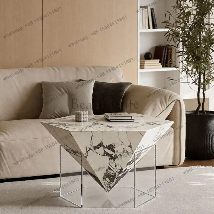 Italian minimalist light luxury acrylic hexagonal rock slab high-end suspended coffee table