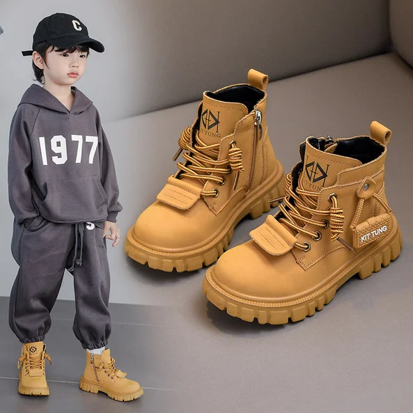 

Children Genuine Cow Leather Short Boots Girls Elegant Hanging Bag Decoration Leather Boots Boys Handsome British Style Boots