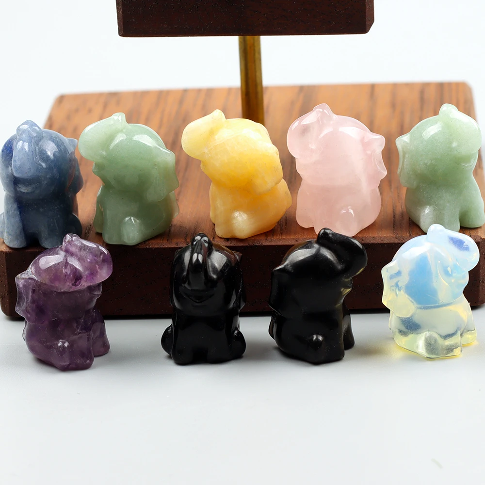 2 Pcs/Set 1-Inch Mini Crystal Elephant Carving Figurine Amethyst Quartz Jade Animal Statue for Home Decor