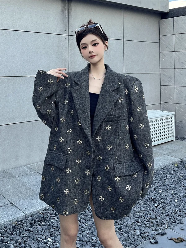 

iny Sequin Embellied Suit Jaet Women's Loose Woolen Coat Autumn Winter Herringbone Pattern Cleanfit Sle Online Exclusive